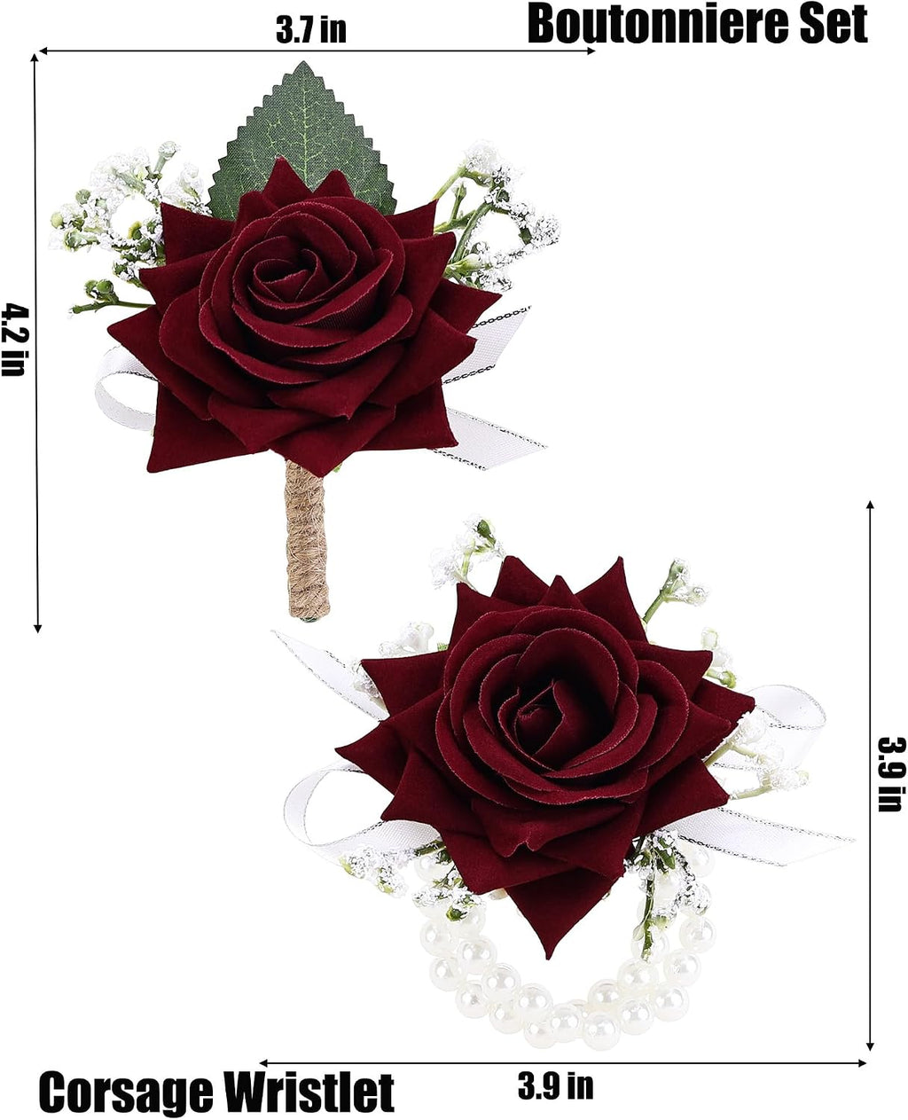 2Pcs Burgundy Rose Corsage and Boutonniere Set, Wrist Corsage with Double Pearl Bracelet and Boutonniere for Men with Pin Clip for Wedding Prom Homecoming Party Suit Decorations