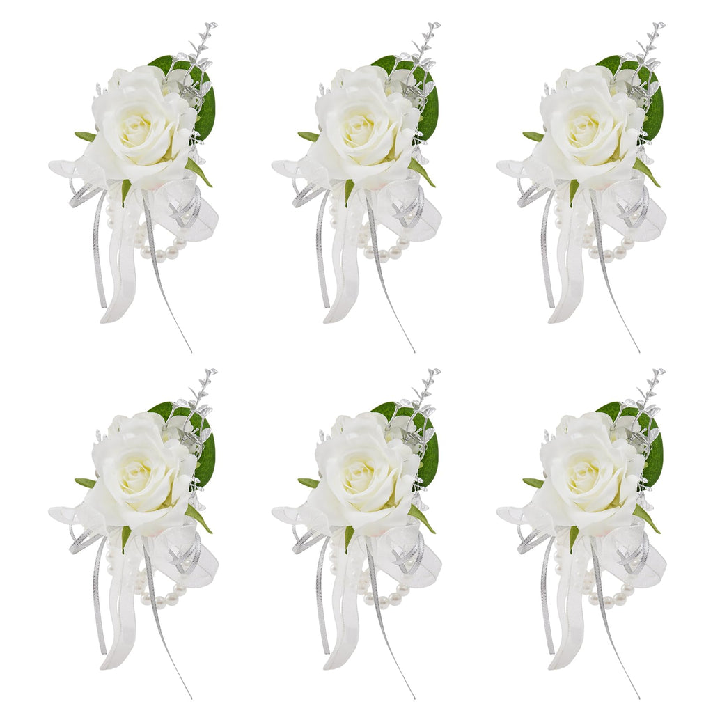 6Pcs White Artificial Silk Rose Wrist Corsages Wedding Prom
