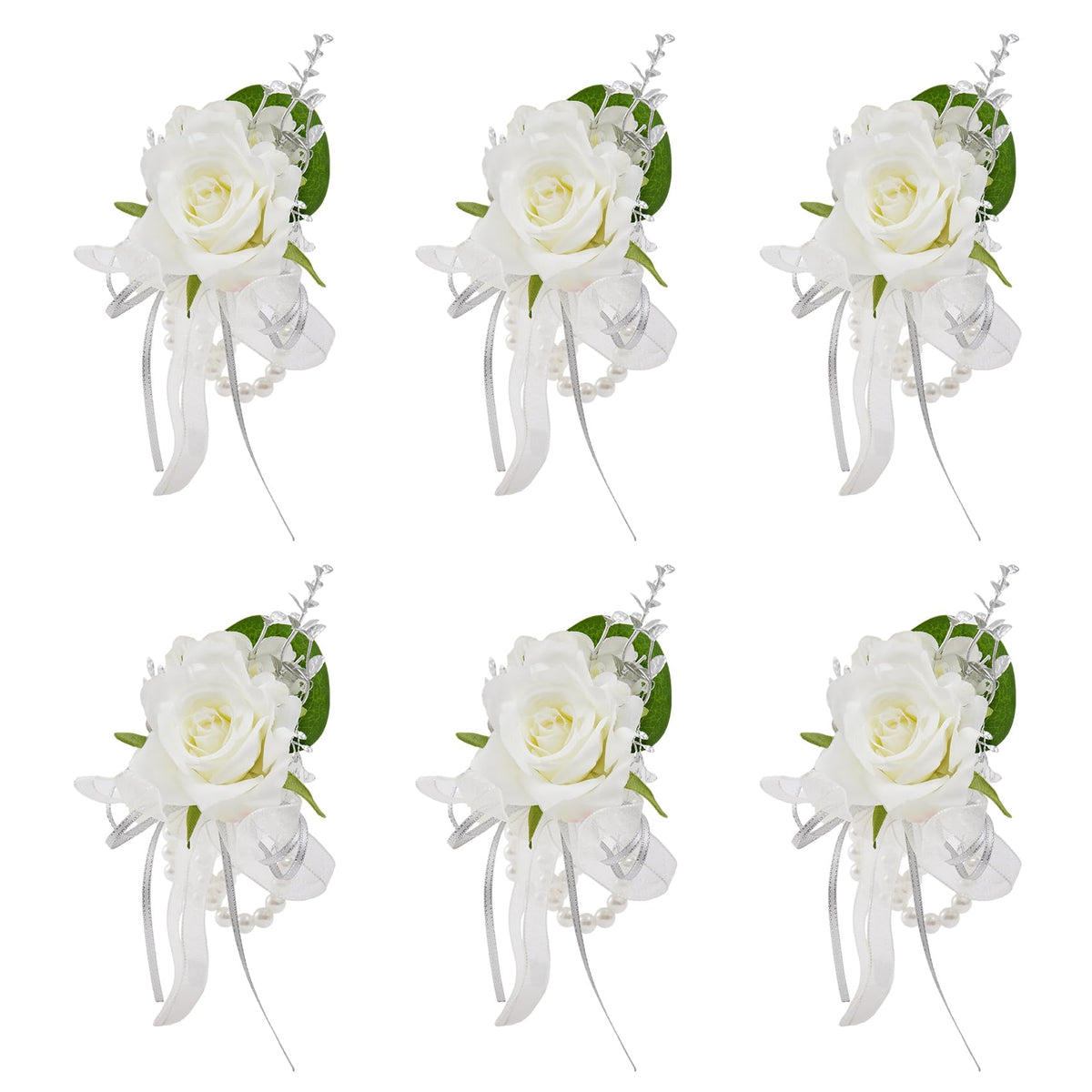 6Pcs White Artificial Silk Rose Wrist Corsages Wedding Prom