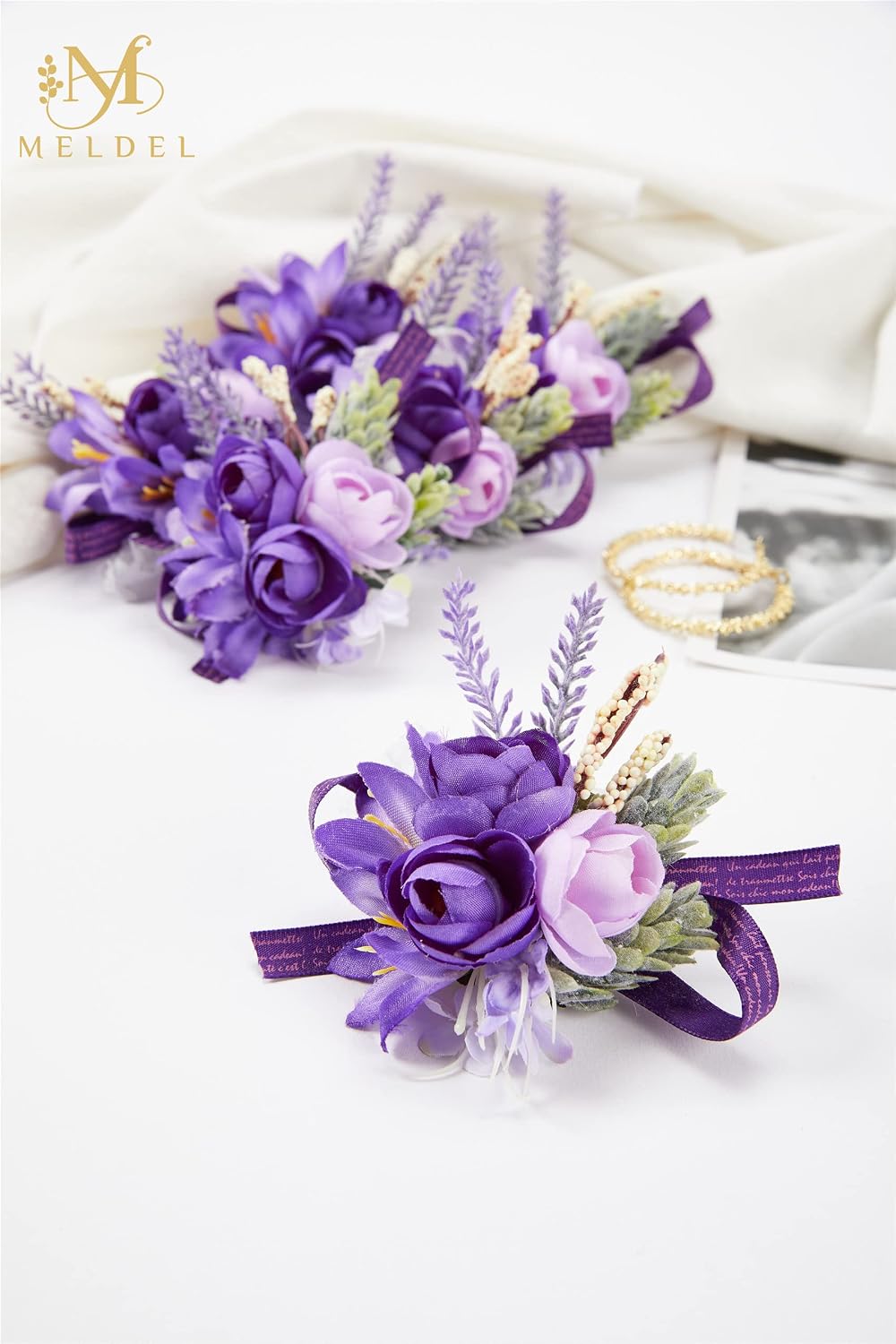 Lavender Purple Faux Wrist Corsages, Set of 6, for Bride Wedding