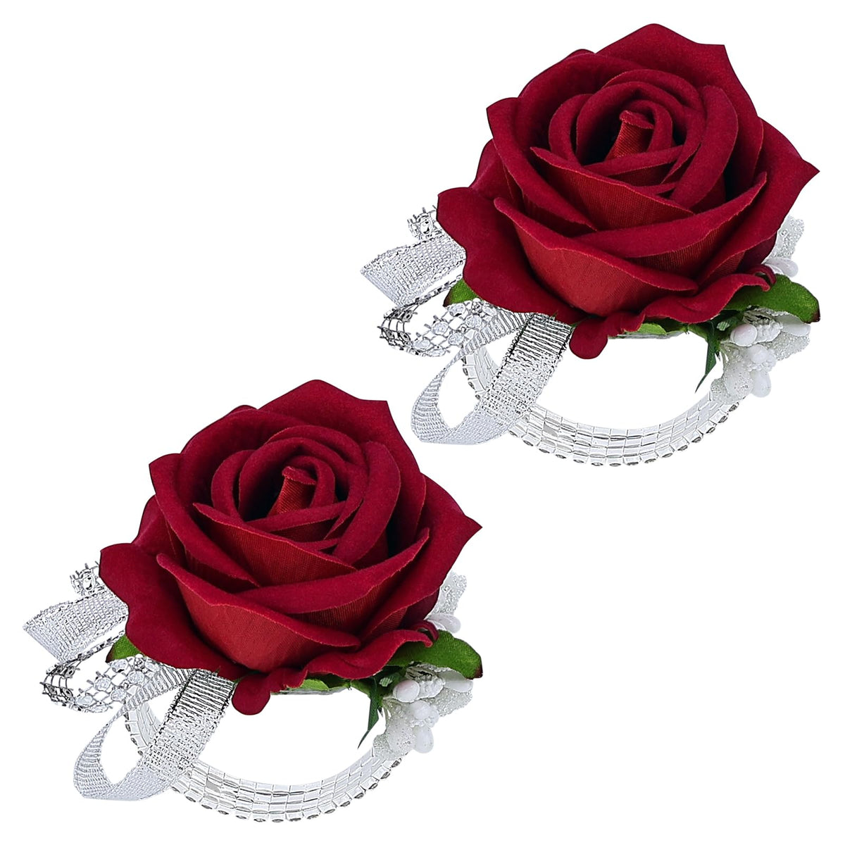 Set of 2 Wrist Corsage Wristlet for Wedding Prom Women Bride Bridesmaid Artificial Rose Flower Decorations Homecoming Anniversary Party (White)