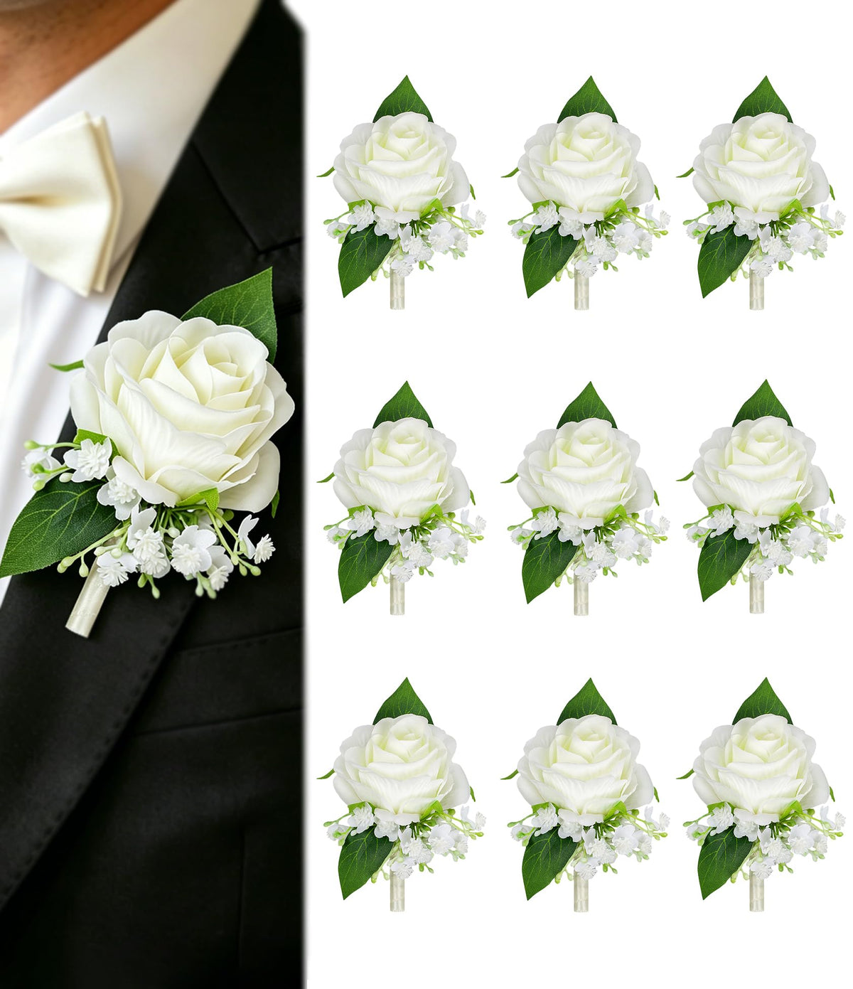 6Pcs Ivory White Faux Rose Wrist Corsages for Wedding, Dance Party