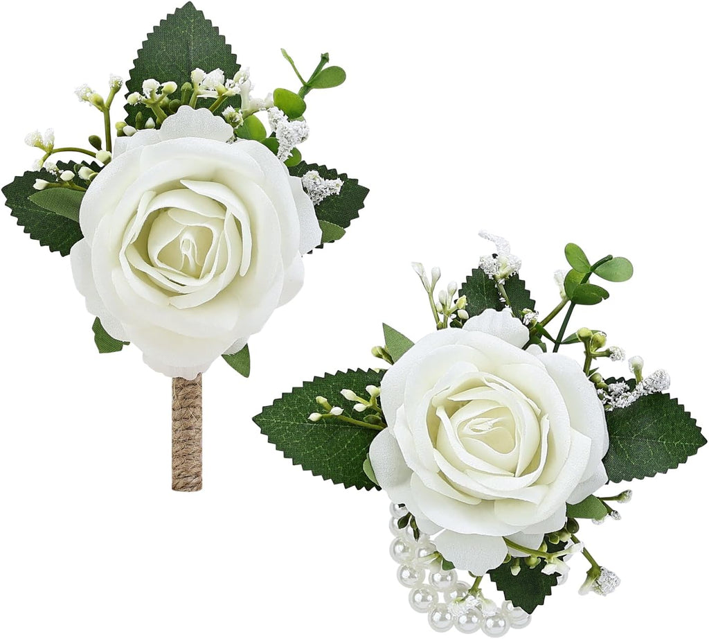 2Pcs White Rose Corsage and Men Boutonniere Set, Wrist Band Bracelets, for Wedding Bride Bridesmaid Groom Groomsmen Flower Accessories Prom Party Man Suit Decor