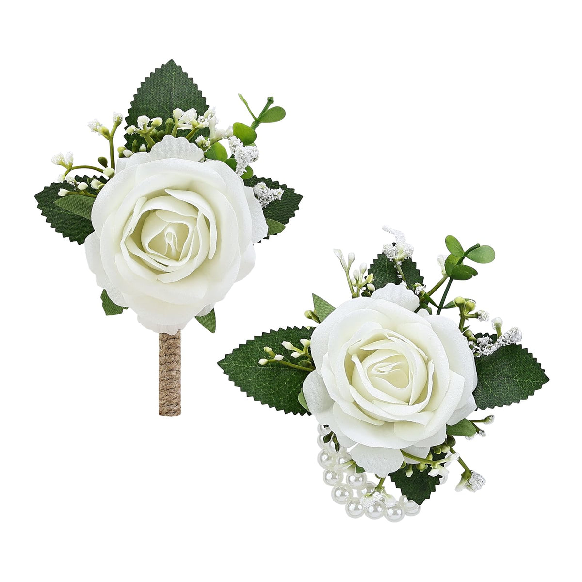 2Pcs White Rose Boutonniere for Men, Groomsmen and Groom Best Man Artificial Flower Boutonnieres Set for Rustic Wedding Anniversary Prom Homecoming Party Formal Dinner