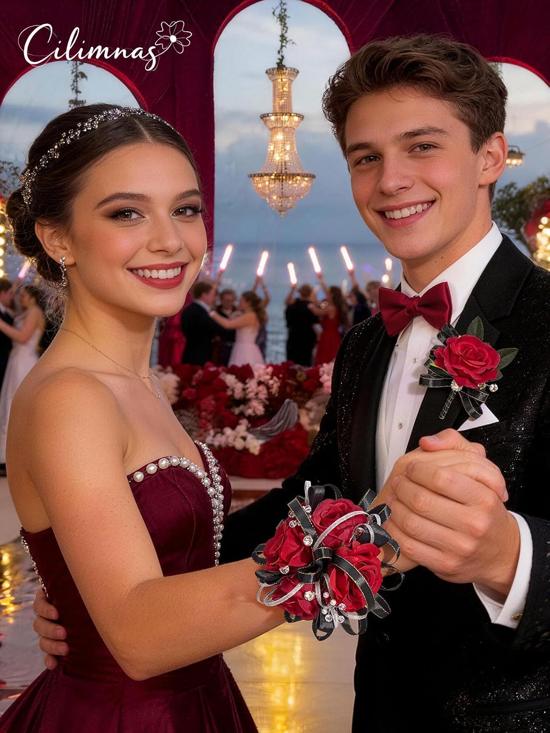 Red and Black Corsage and Boutonniere Set for Wedding Prom