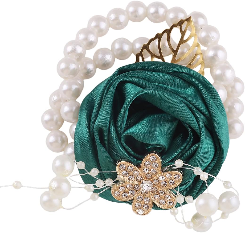 Satin Rose Bridal Wrist Corsage with Pearl Beads and Rhinestones, Elegant Wedding Corsage for Bridesmaids and Prom (Ivory)