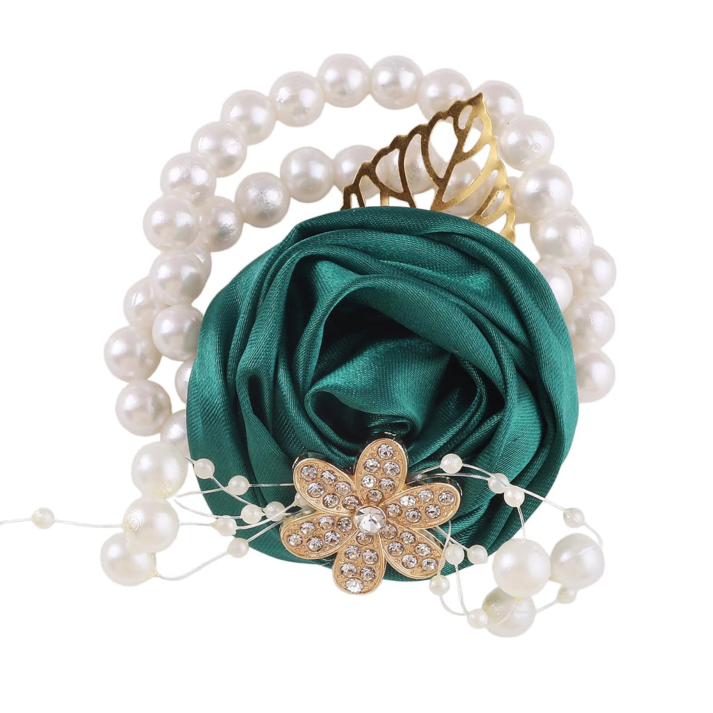 Satin Rose Bridal Wrist Corsage with Pearl Beads and Rhinestones, Elegant Wedding Corsage for Bridesmaids and Prom (Ivory)