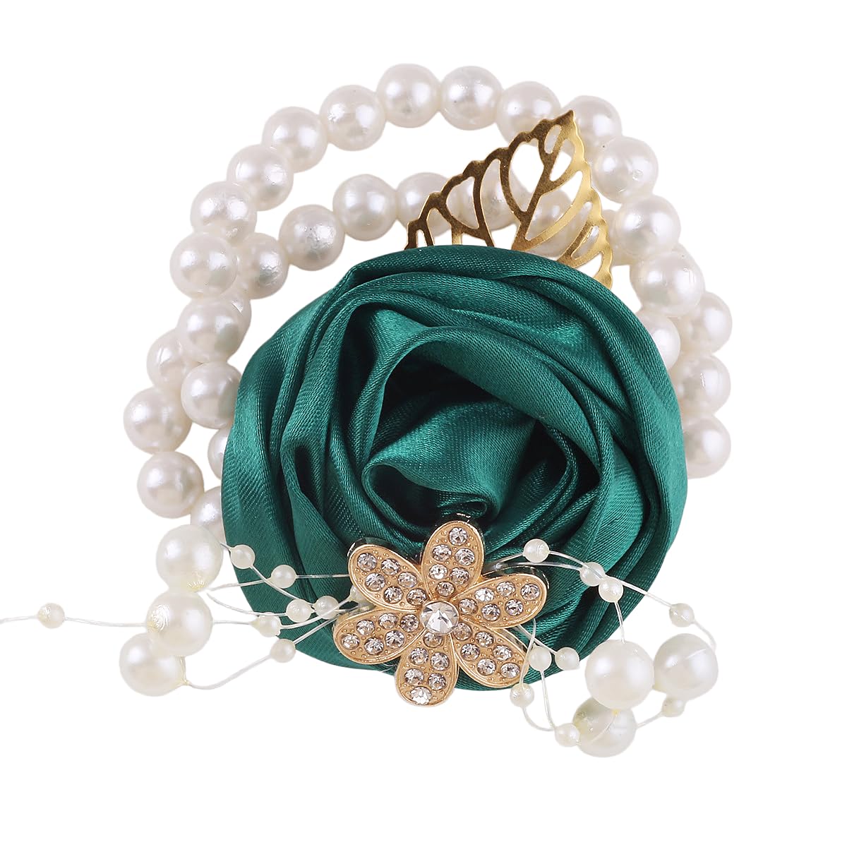 Satin Rose Bridal Wrist Corsage with Pearl Beads and Rhinestones, Elegant Wedding Corsage for Bridesmaids and Prom (Ivory)