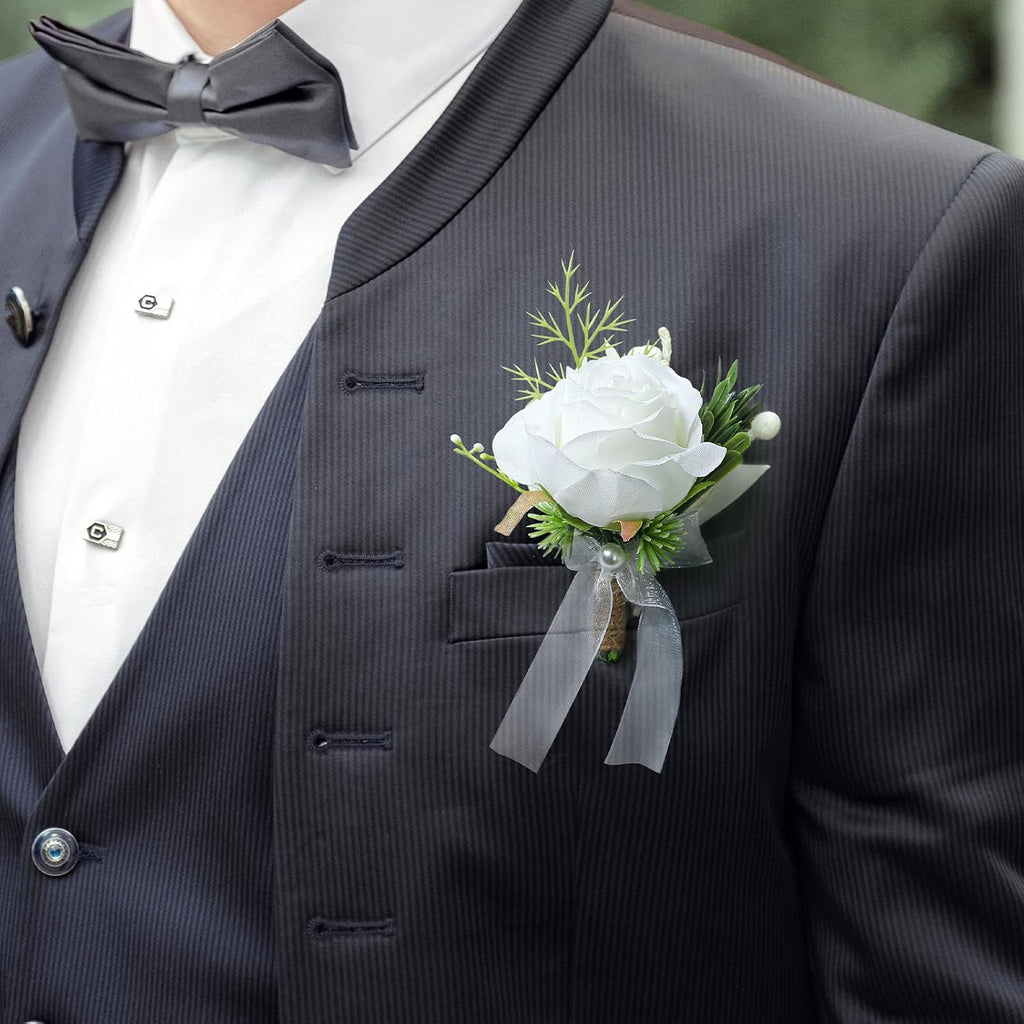 Garisey 2Pcs White Artificial Rose Boutonniere for Men Wedding Ceremony