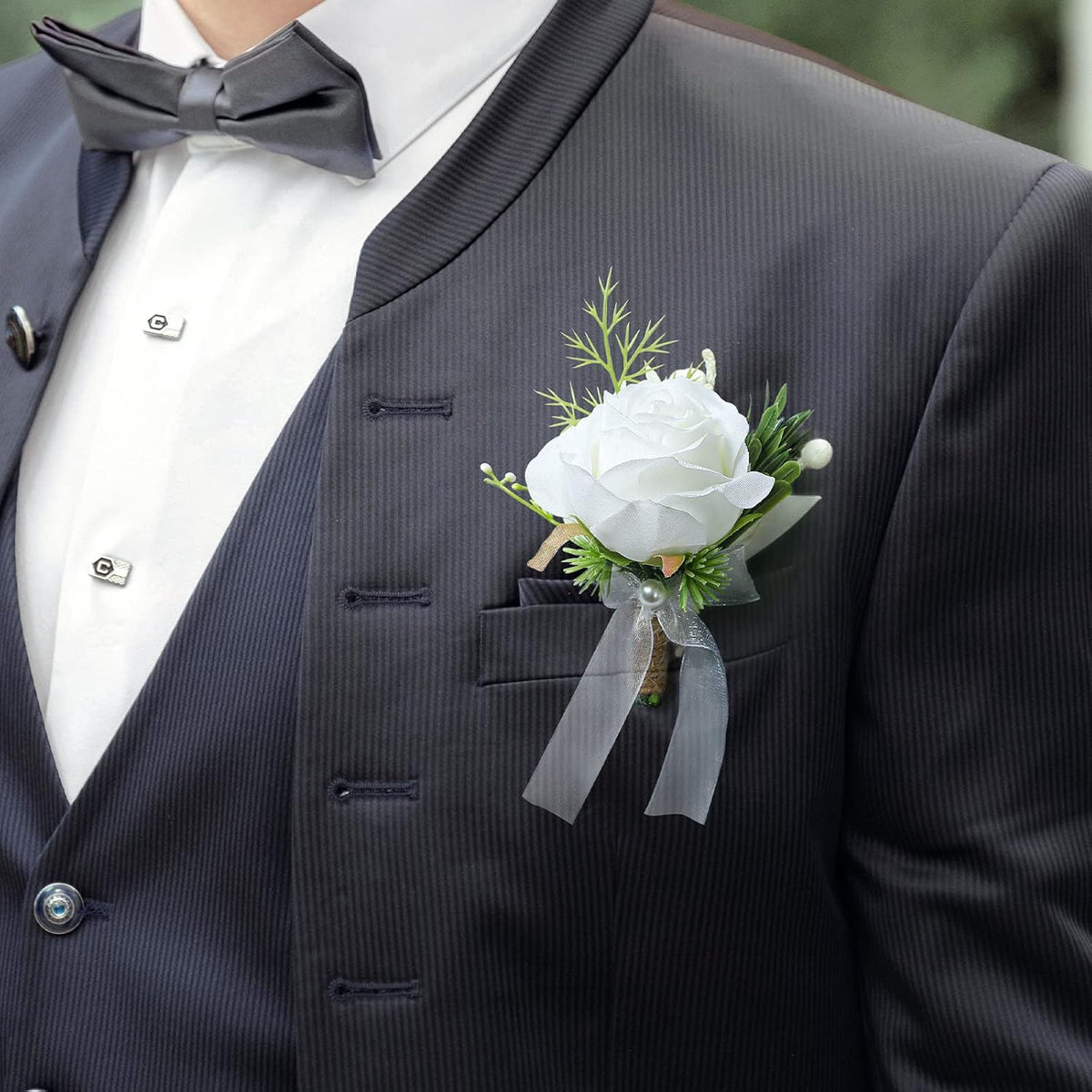 Garisey 2Pcs White Artificial Rose Boutonniere for Men Wedding Ceremony