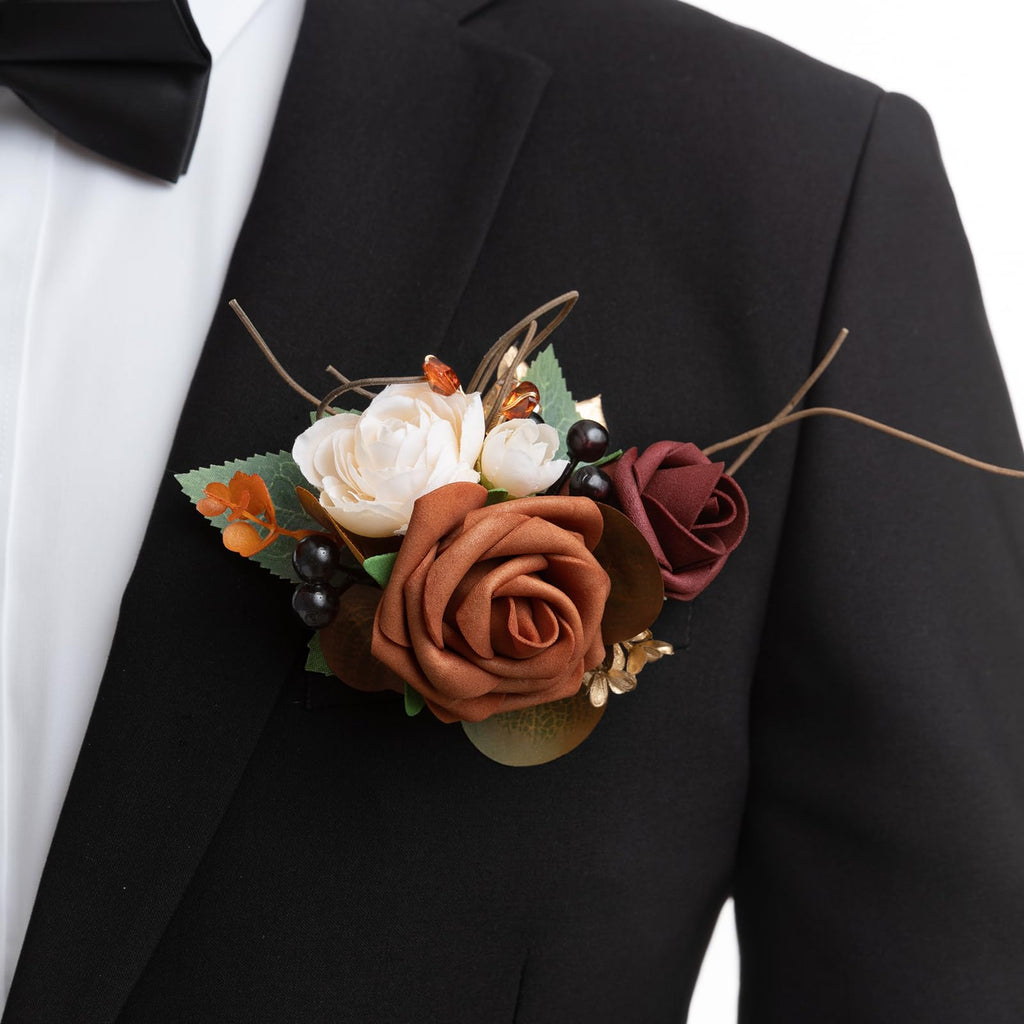 Ling's Moment Boutonniere for Men with Pin, White Ranunculus Ivory, 6"Wx5"H