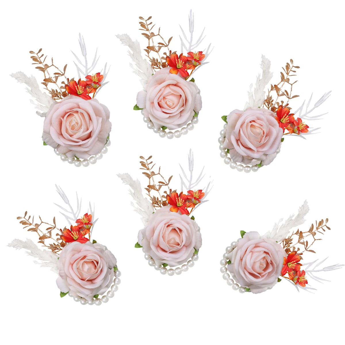 6Pcs Ivory White Rose Wrist Corsage for Women Wedding Prom Party