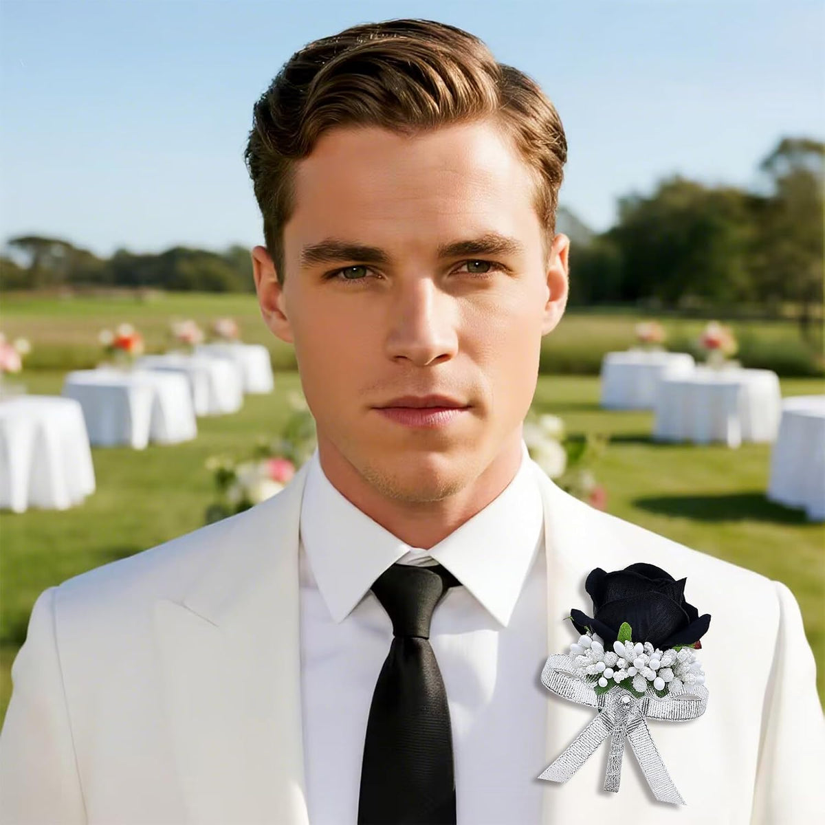 2Pcs Black Rose Corsage and Men Boutonniere Set Women Wristlet Band Wrist Bracelets, for Prom Wedding Ceremony Flowers Decorations and Homecoming Party Accessories