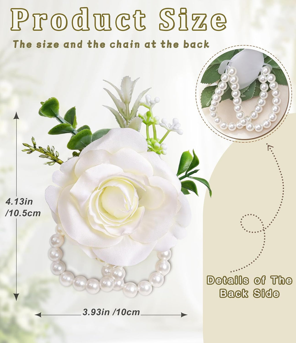 2Pcs White Silk Rose Wrist Corsages for Women Wedding Prom Party