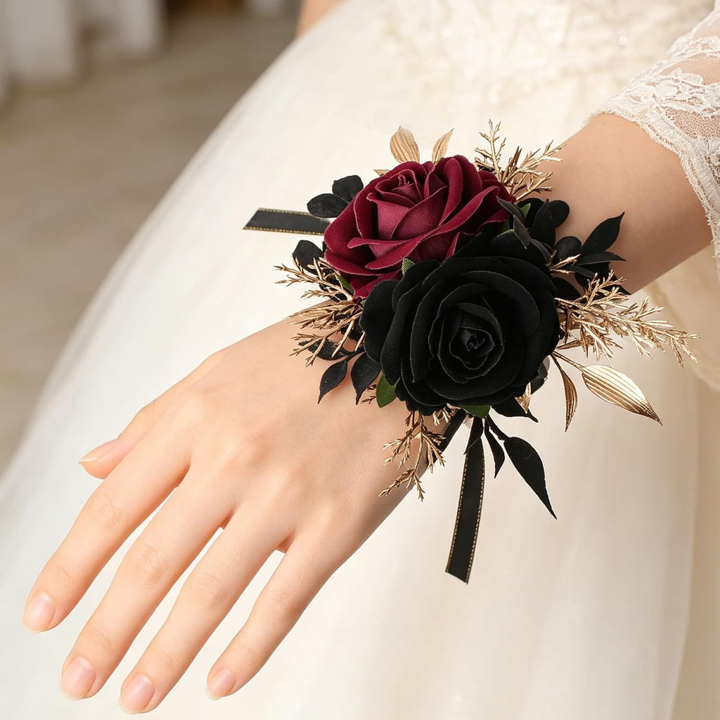 Burgundy and Black Wrist Corsage Wristlet and Boutonniere Set