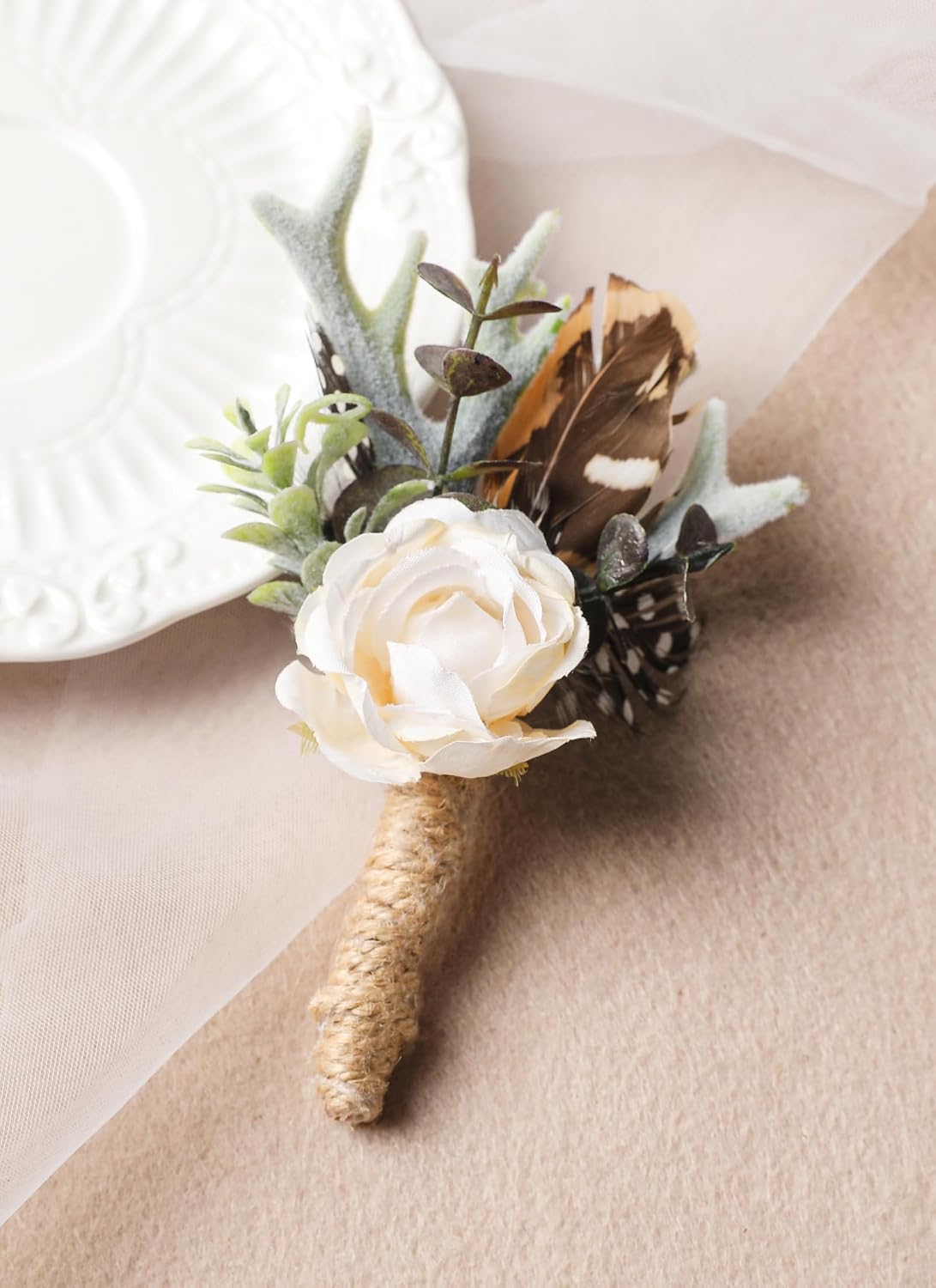 Rose Boutonniere for Men - Prom Boutonniere for Wedding Feather Rustic Boutonnieres for Groom Boho Corsage for Groomsmen Anniversary Formal Dinner Party Ceremony Celebration