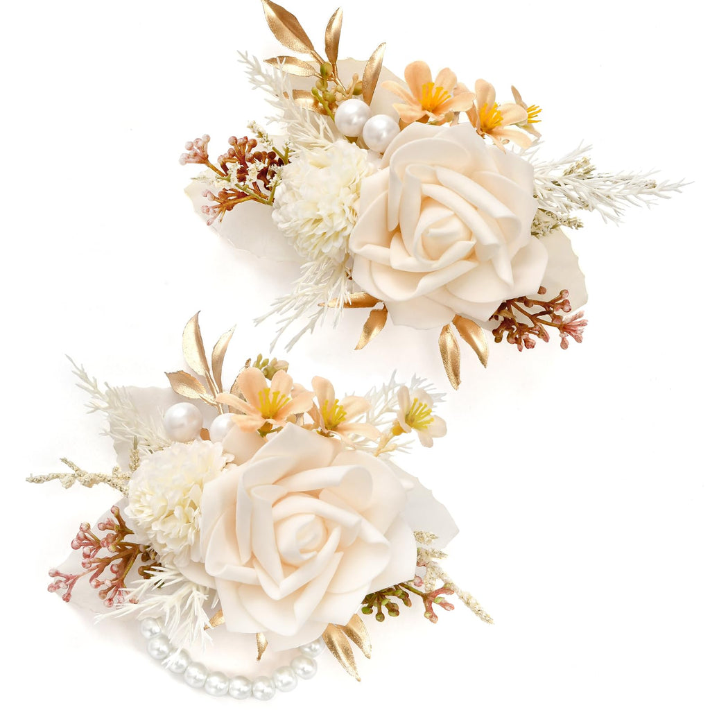 Serwalin 2Pcs Champagne Rose Boutonniere for Men Wedding Prom Party 6-7Inch