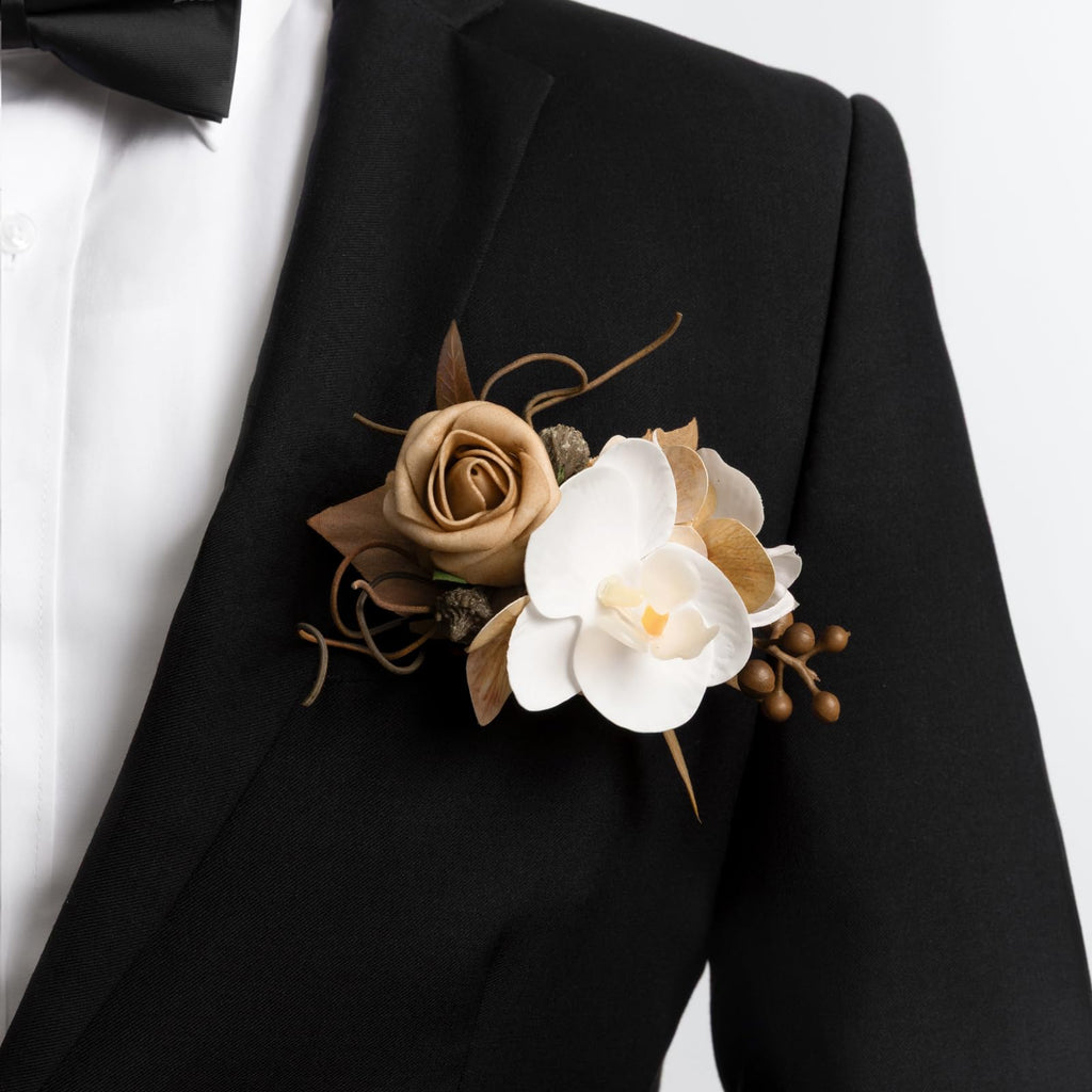 Ling's Moment Boutonniere for Men with Pin, White Ranunculus Ivory, 6"Wx5"H