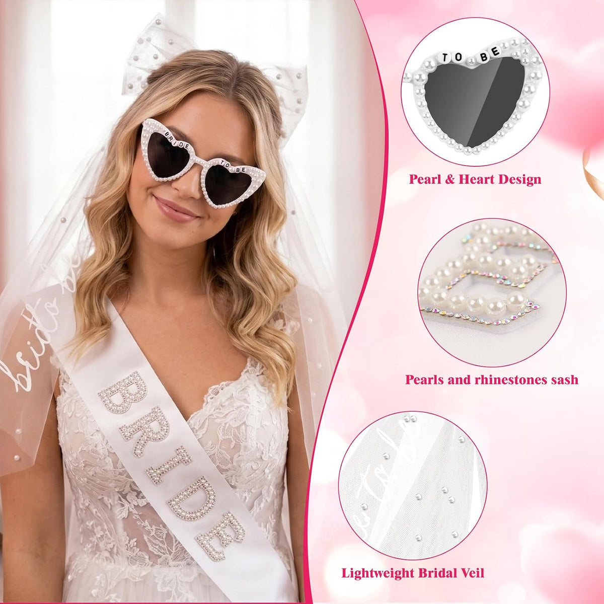 Erythem Bride to Be Set with Veil, Sash & Sunglasses, Bachelorette Party Accessories for Bridal Shower Engagement Wedding