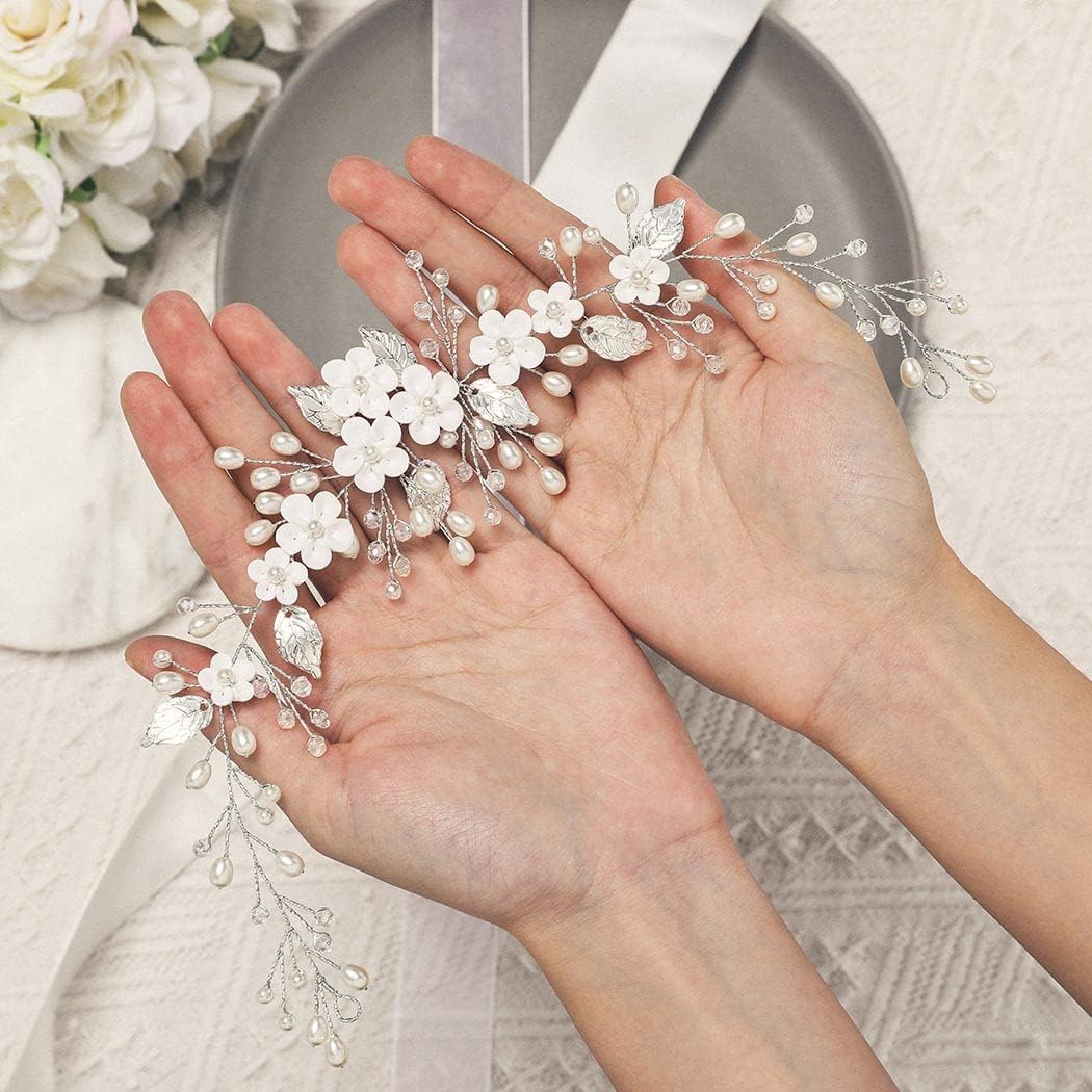 Unicra Flower Hair Vine Pearl Bridal Headpieces Wedding Hair Pieces Silver Prom Hair Accessories for Brides and Women (12.5 Inches)