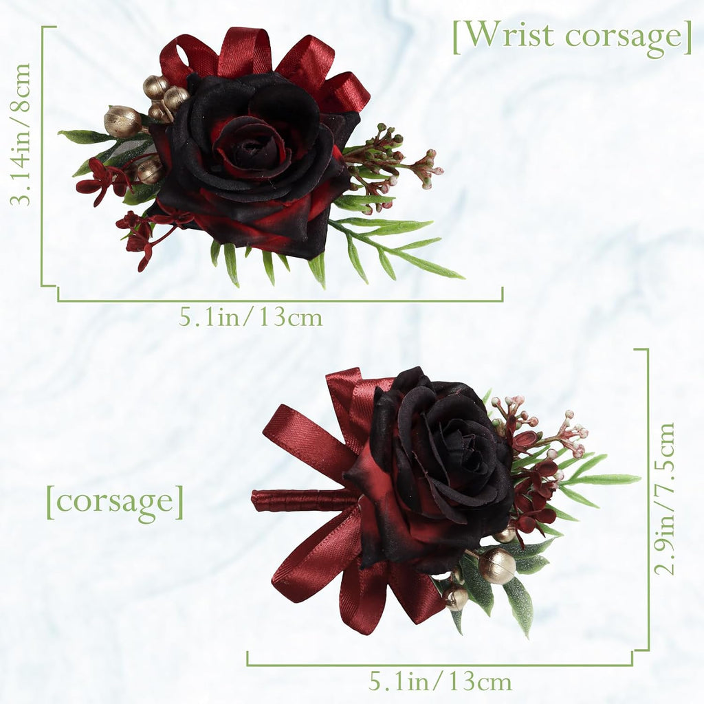 2 Pcs Wine Red Rose Corsage and Boutonniere Set for Wedding