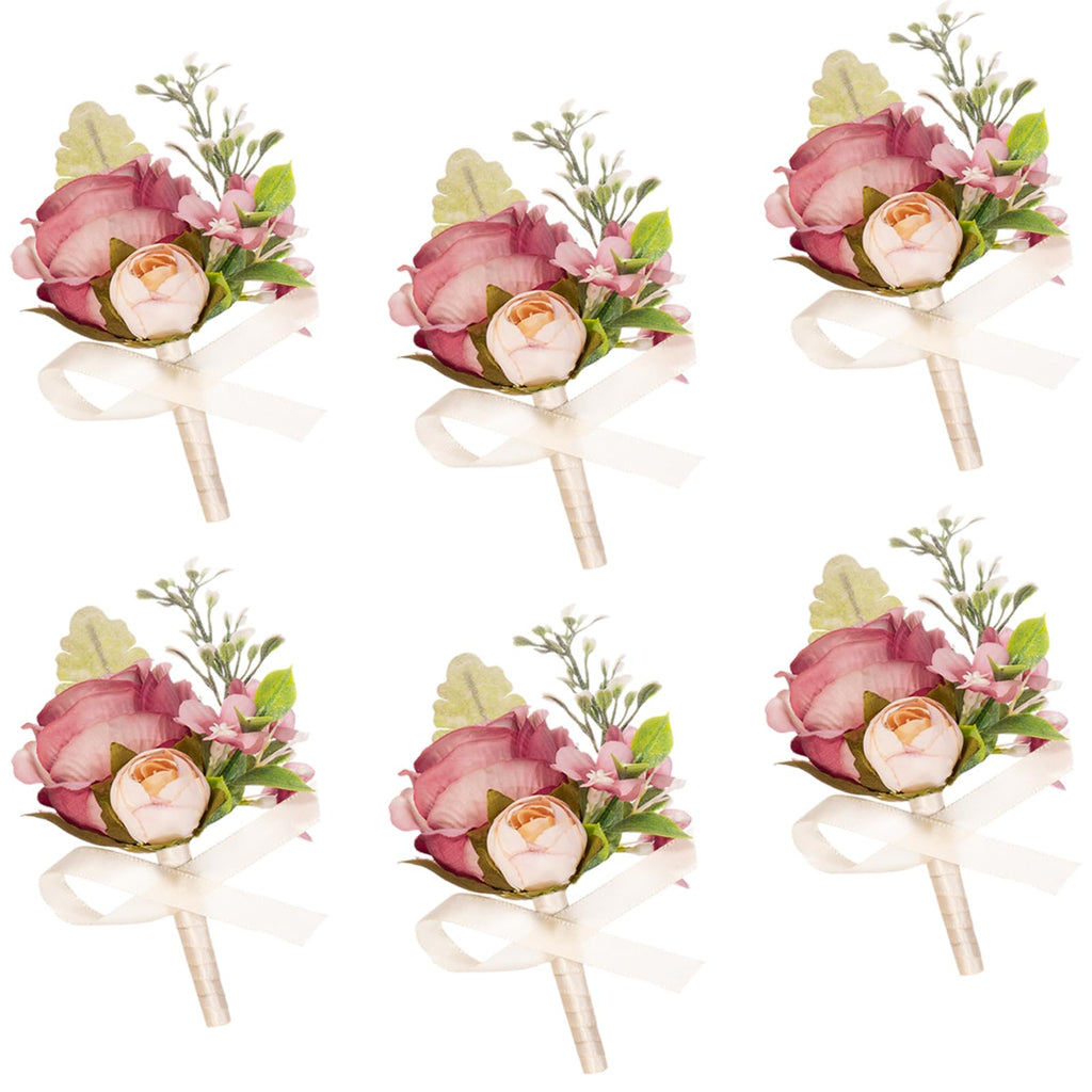 AuroraAria Dusty Rose Boutonniere for Men,Set of 6,Groom Boutonniere for Wedding,Anniversary,Homecoming,Formal Dinner Party,Wedding Decor,Artificial Dusty Rose Rose