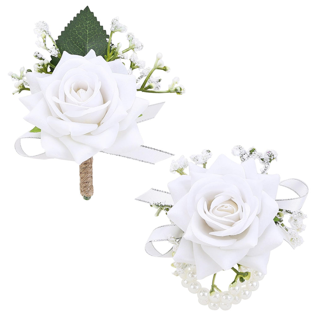 2Pcs Burgundy Rose Corsage and Boutonniere Set, Wrist Corsage with Double Pearl Bracelet and Boutonniere for Men with Pin Clip for Wedding Prom Homecoming Party Suit Decorations
