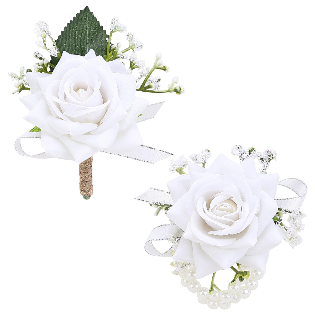 2Pcs Burgundy Rose Corsage and Boutonniere Set, Wrist Corsage with Double Pearl Bracelet and Boutonniere for Men with Pin Clip for Wedding Prom Homecoming Party Suit Decorations
