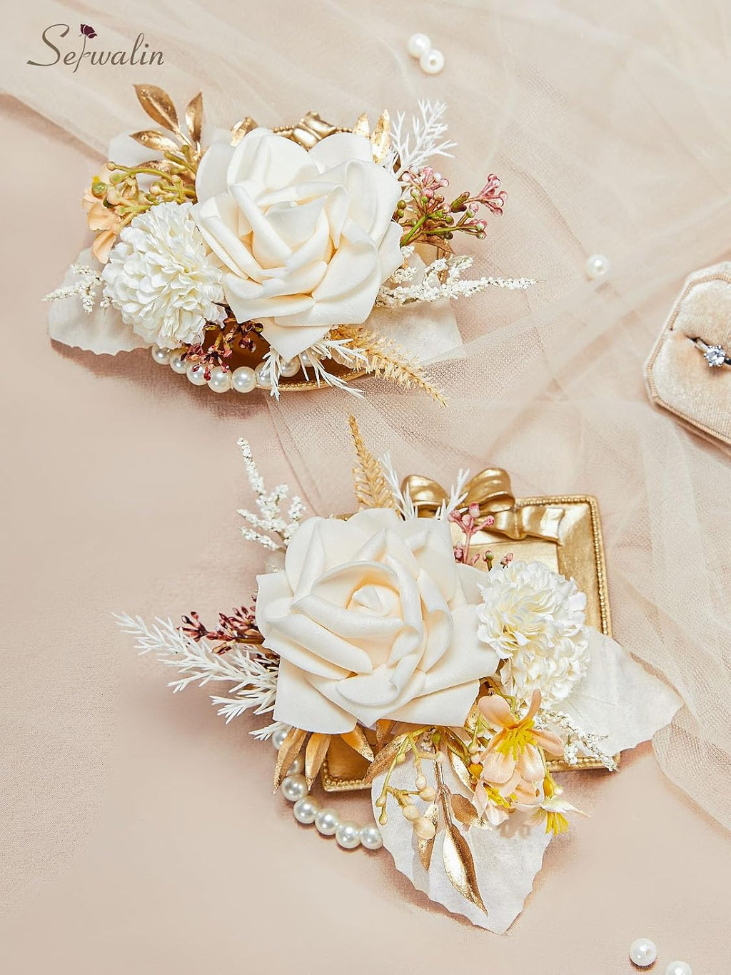 Serwalin 2Pcs Champagne Wrist Corsage Wristlet for Wedding Prom, 6-7Inch