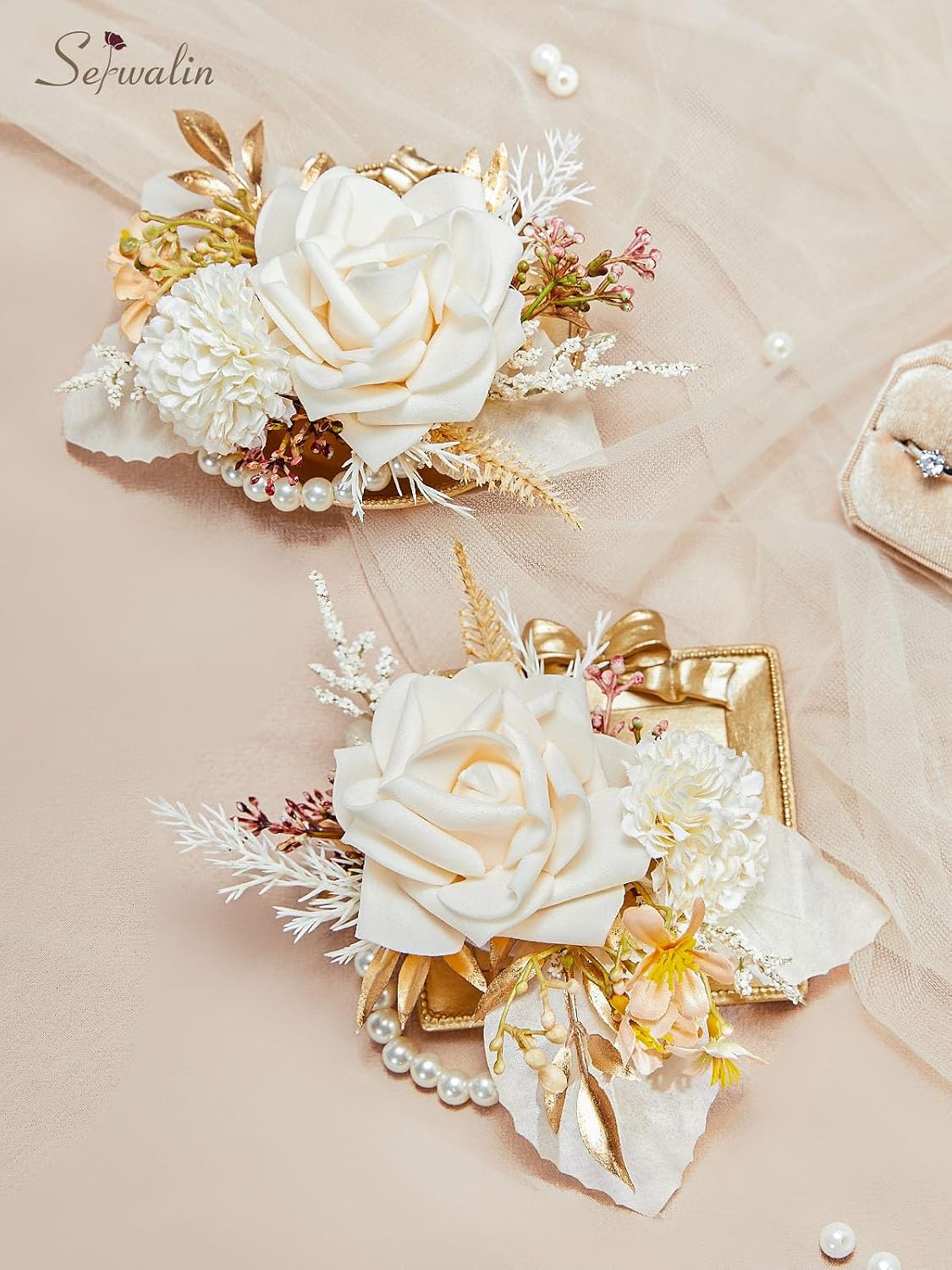 Serwalin 2Pcs Champagne Wrist Corsage Wristlet for Wedding Prom, 6-7Inch