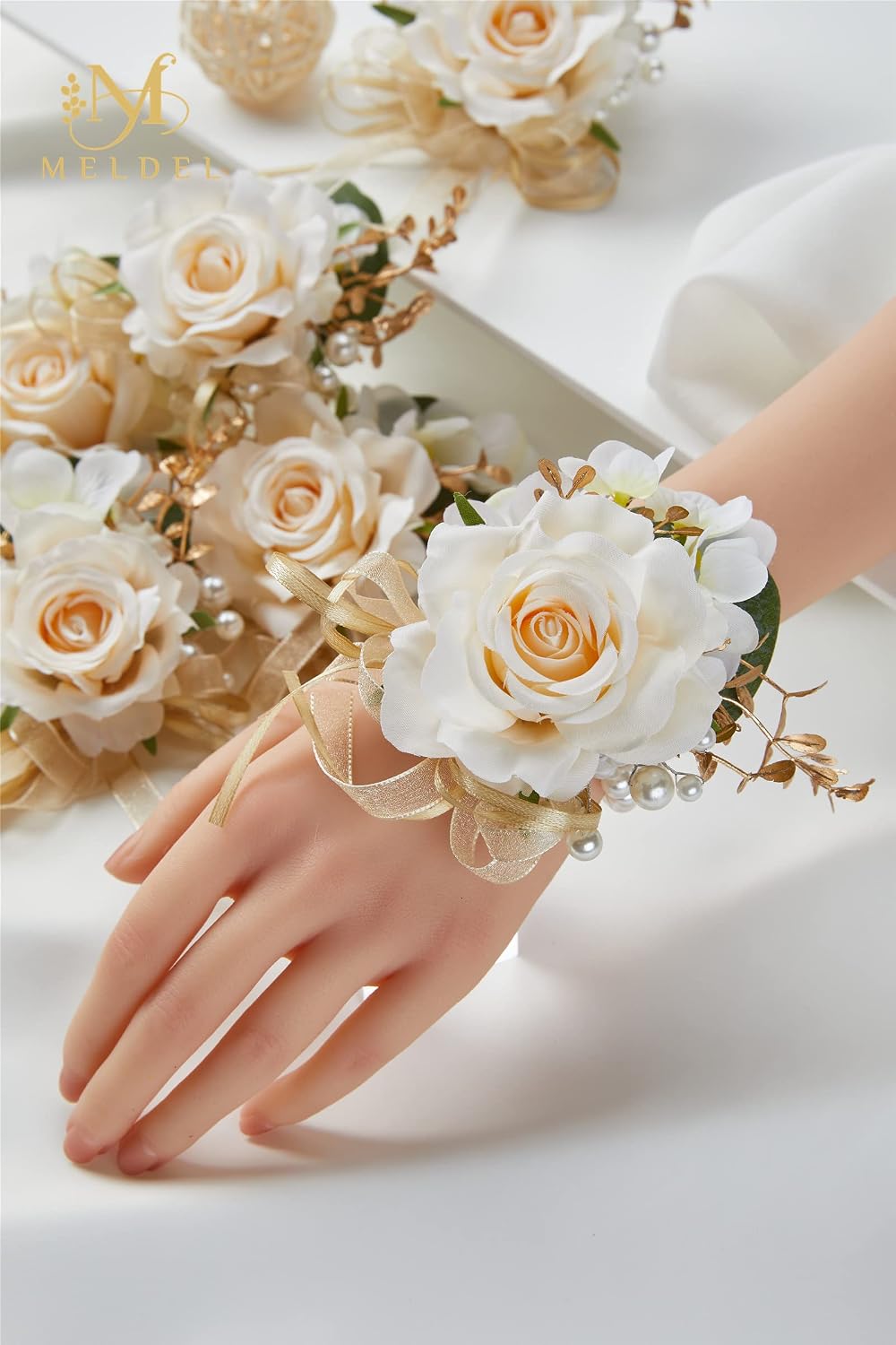 Women Champagne Faux Rose Wrist Corsages Set 6Pcs for Wedding Prom