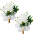 White Rose Wrist Flowers and Men's Corsage Wedding Flowers Ceremony,2Pcs Boutonniere Buttonholes and Wrist Corsage Wristband Roses Wrist Corsage (2pcs White Wrist Corsages)