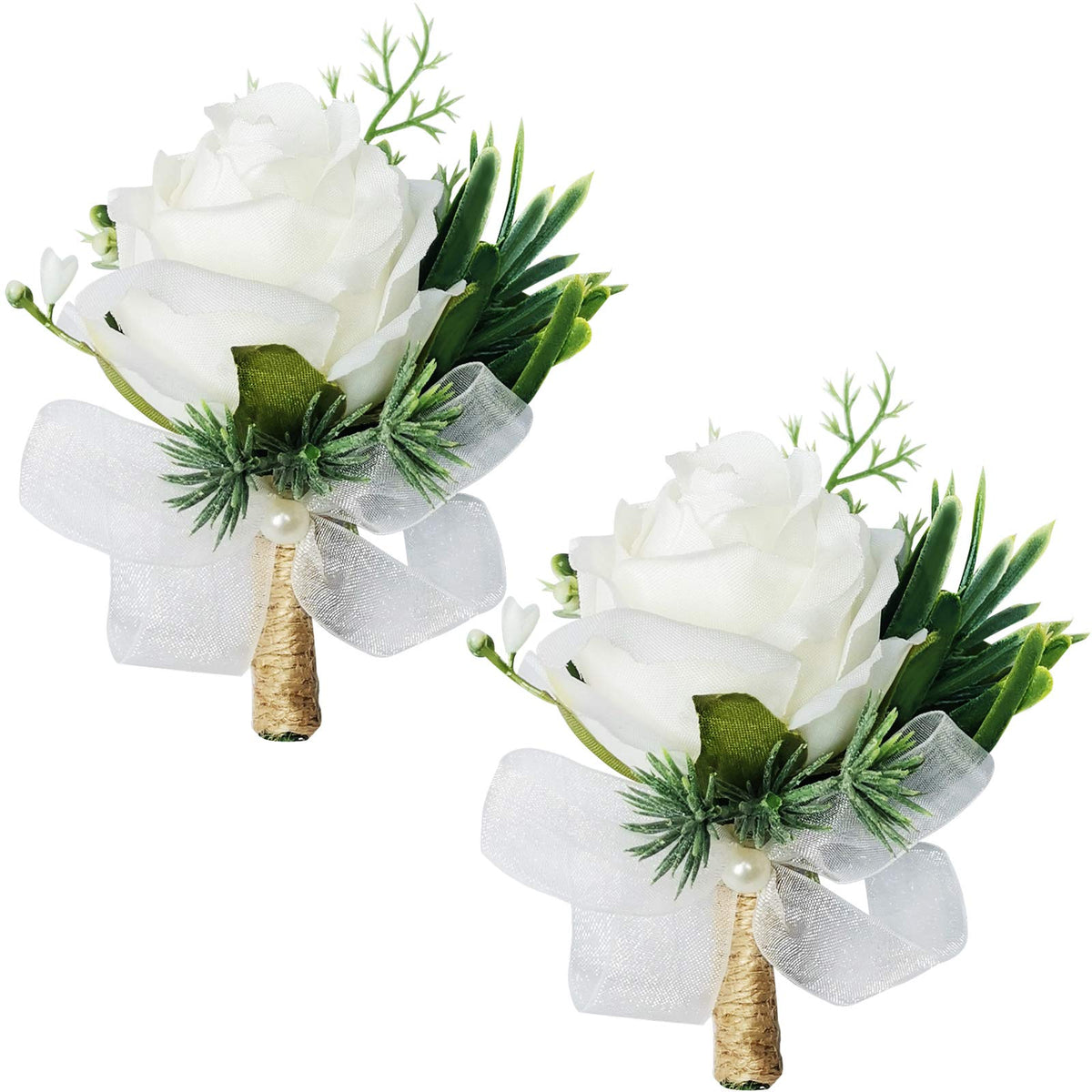 White Rose Wrist Flowers and Men's Corsage Wedding Flowers Ceremony,2Pcs Boutonniere Buttonholes and Wrist Corsage Wristband Roses Wrist Corsage (2pcs White Wrist Corsages)