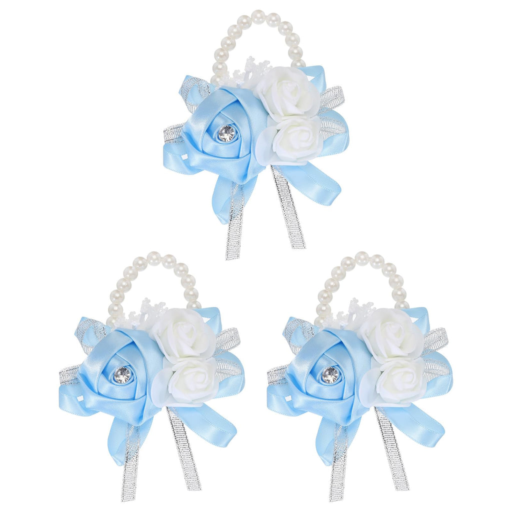 MECCANIXITY 12Pcs Wrist Corsage Artificial Flower Bracelets Rose Wrist Bride Groom Decorative for Wedding Ceremony Prom Party Anniversary Sky Blue