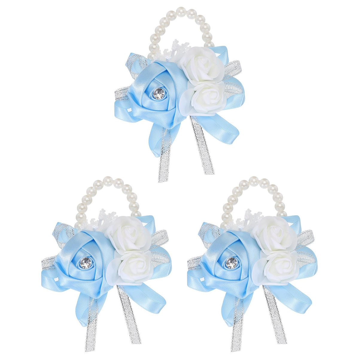 MECCANIXITY 12Pcs Wrist Corsage Artificial Flower Bracelets Rose Wrist Bride Groom Decorative for Wedding Ceremony Prom Party Anniversary Sky Blue