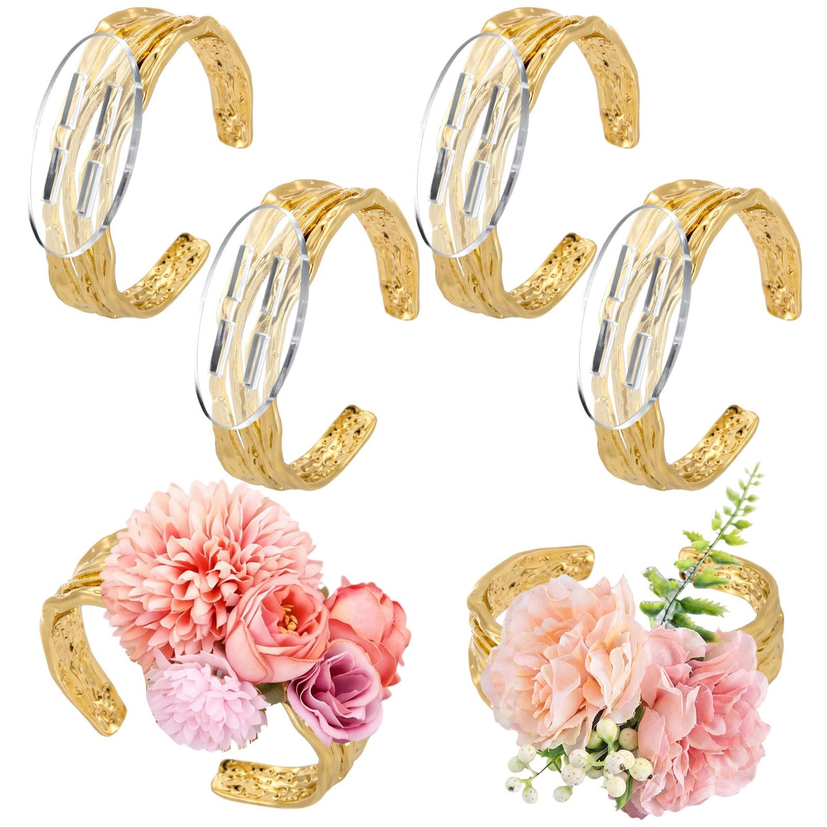Hotop 4 Set Gold Hammered Wrist Corsage Bracelets Stackable Cuff