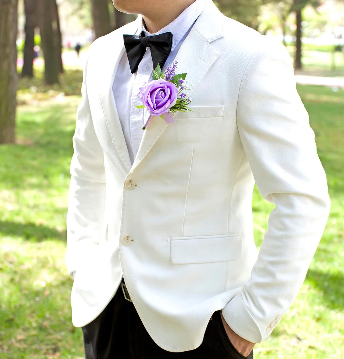 1Pc Single Purple Lavender Boutonnieres for Men Wedding Prom, Artificial Rose Lilac Flower Groom and Groomsmen Boutonniere for Wedding Homecoming Ceremony Anniversary, Formal Dinner Party