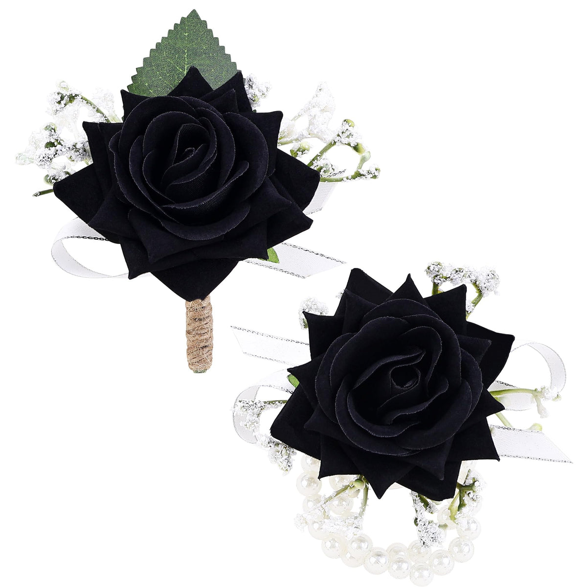 2Pcs Burgundy Rose Corsage and Boutonniere Set, Wrist Corsage with Double Pearl Bracelet and Boutonniere for Men with Pin Clip for Wedding Prom Homecoming Party Suit Decorations