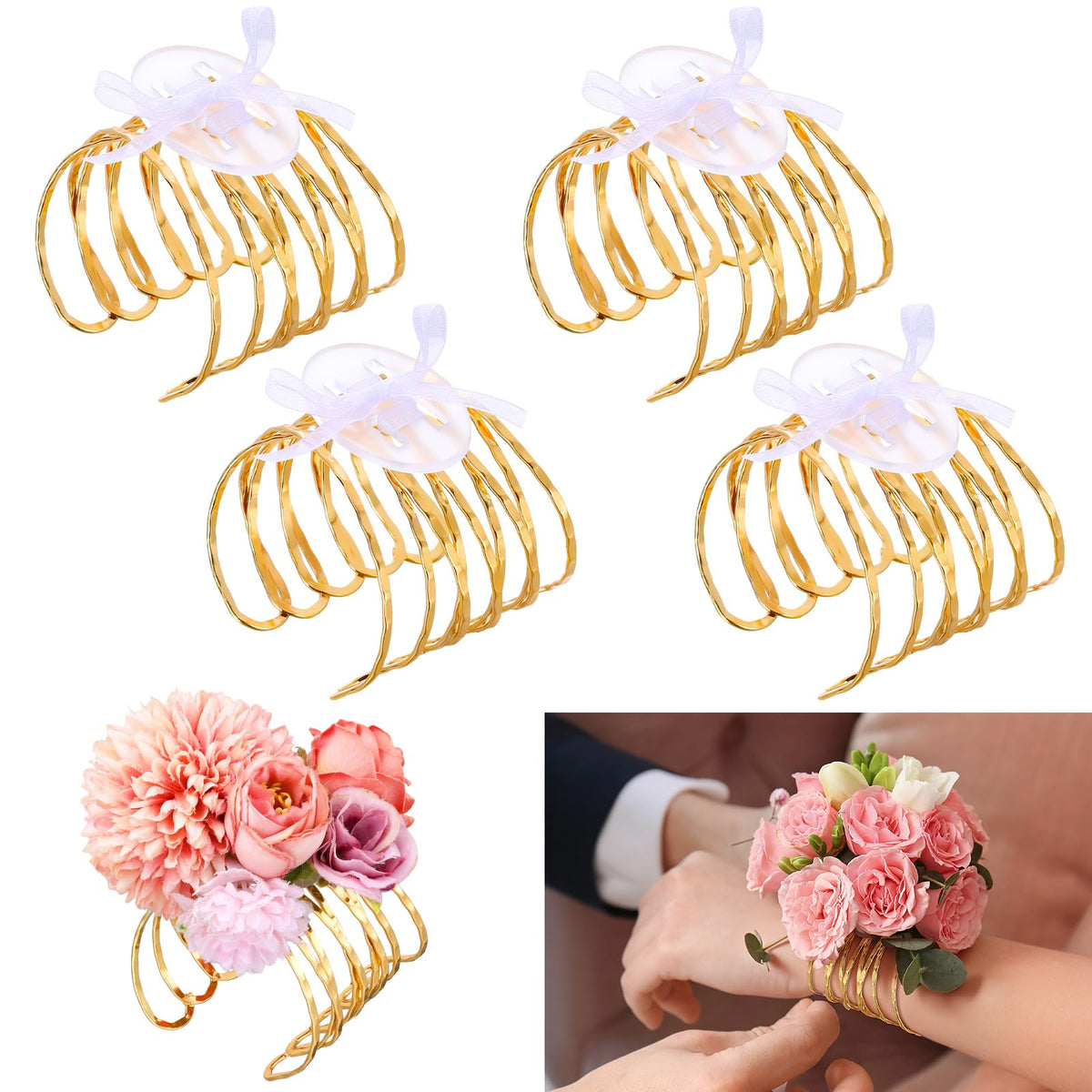 Hotop 4 Set Gold Hammered Wrist Corsage Bracelets Stackable Cuff