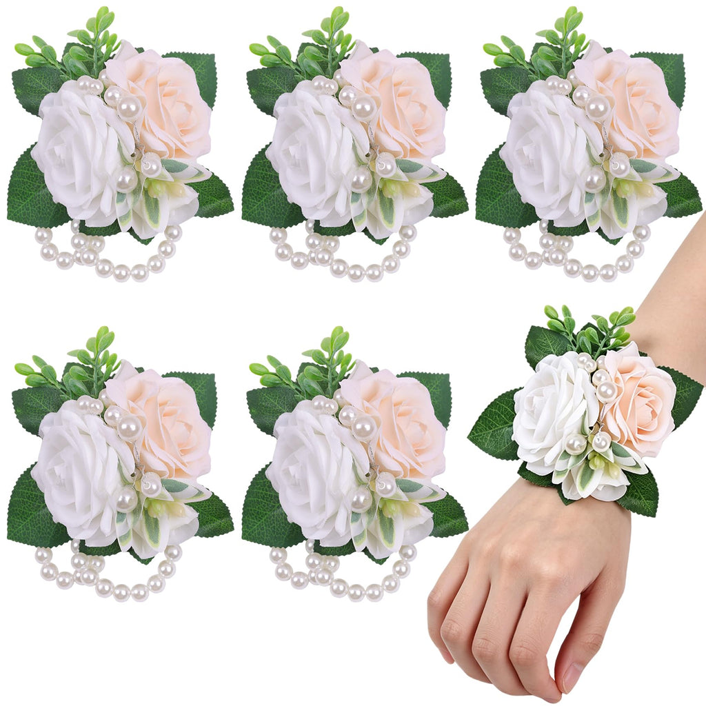 Women Champagne Faux Rose Wrist Corsages Set 6Pcs for Wedding Prom