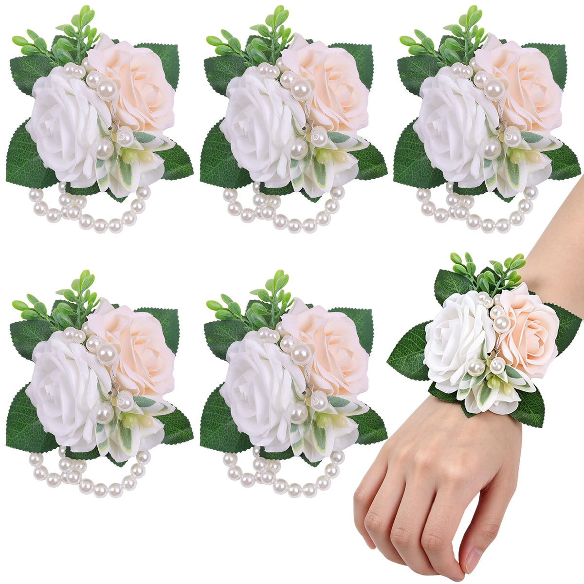 Women Champagne Faux Rose Wrist Corsages Set 6Pcs for Wedding Prom