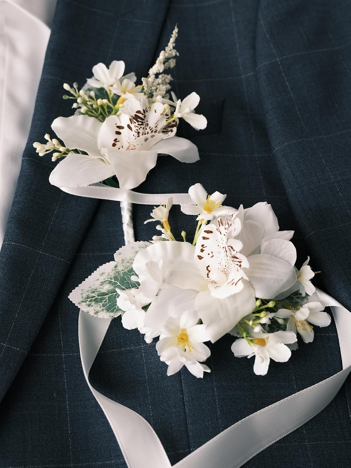 White Rose Wrist Corsage and Boutonniere Set with Ribbon Ties Wedding Prom Formal Accessories (White Style 3)