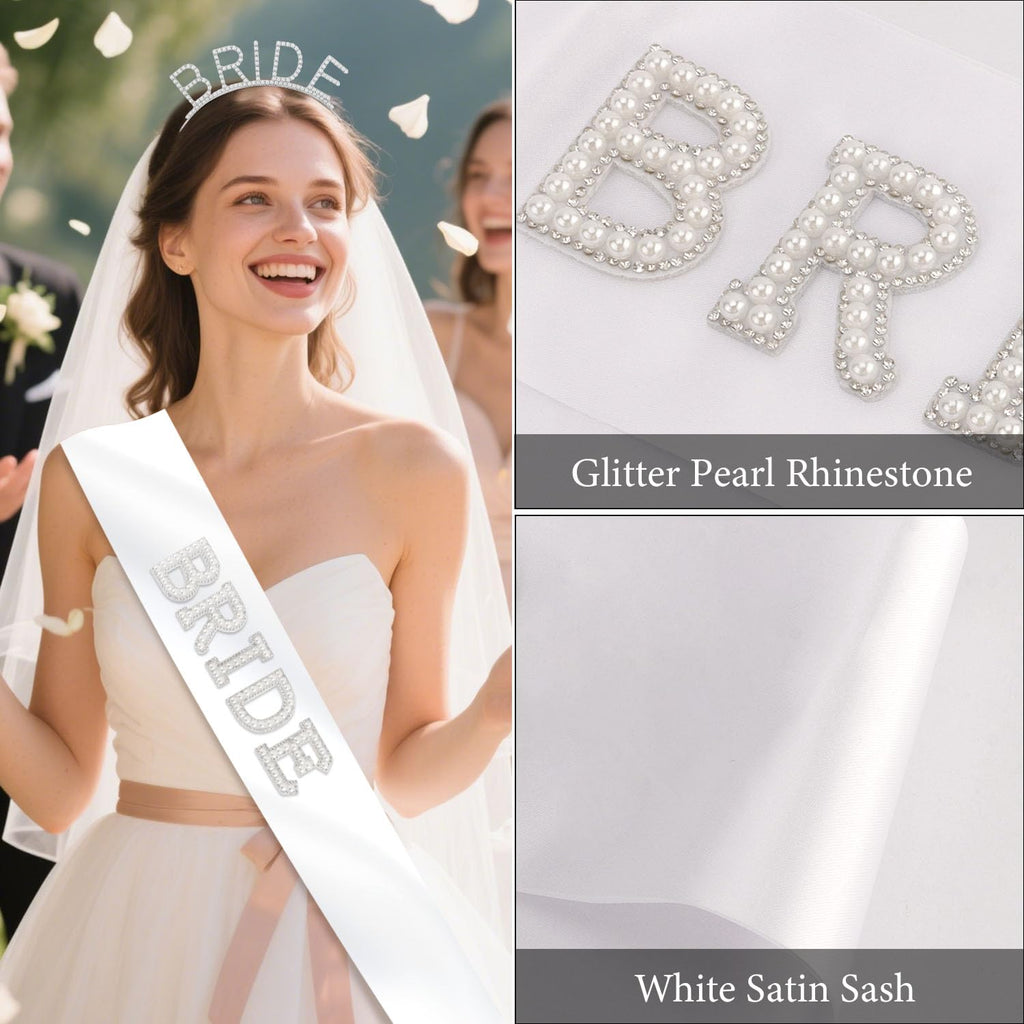 Atoden Bride Sash and Headband Bachelorette Party Decorations Bridal Shower Favors White Bride Crown Tiara Pearl Rhinestone Wedding Headpiece Hair Accessories Engagement Party Outfits Gifts