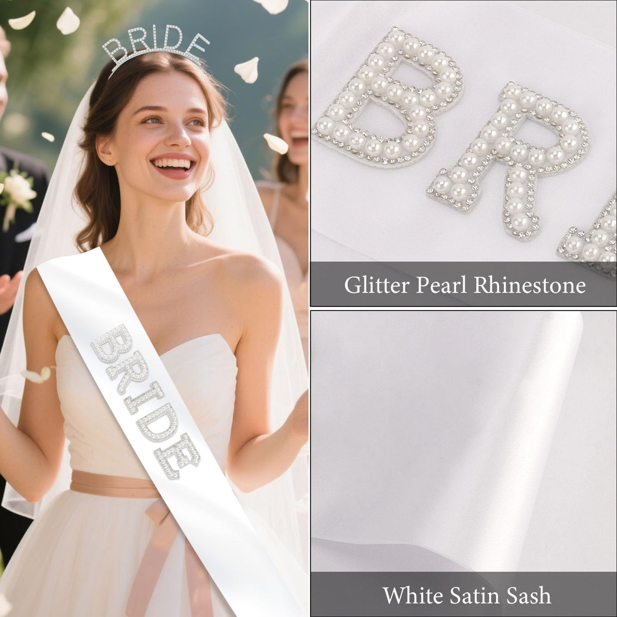 Atoden Bride Sash and Headband Bachelorette Party Decorations Bridal Shower Favors White Bride Crown Tiara Pearl Rhinestone Wedding Headpiece Hair Accessories Engagement Party Outfits Gifts