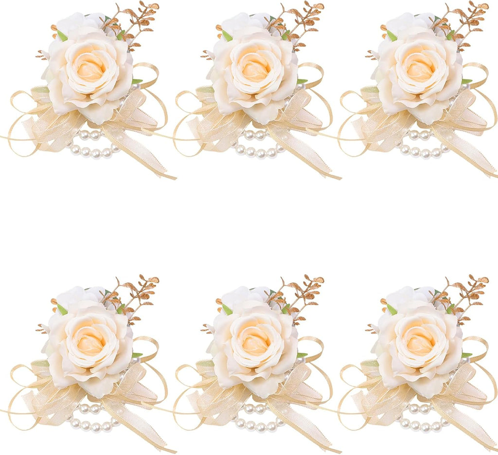 Women Champagne Faux Rose Wrist Corsages Set 6Pcs for Wedding Prom