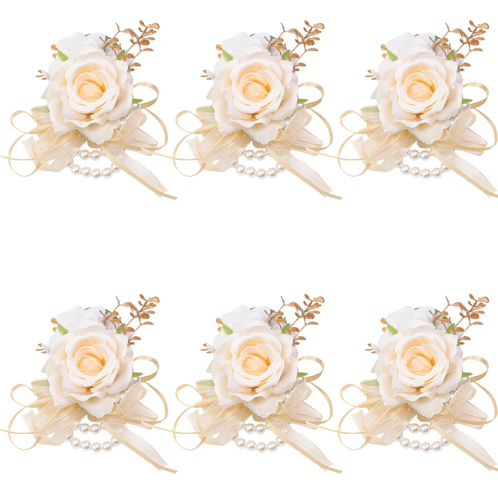 Women Champagne Faux Rose Wrist Corsages Set 6Pcs for Wedding Prom