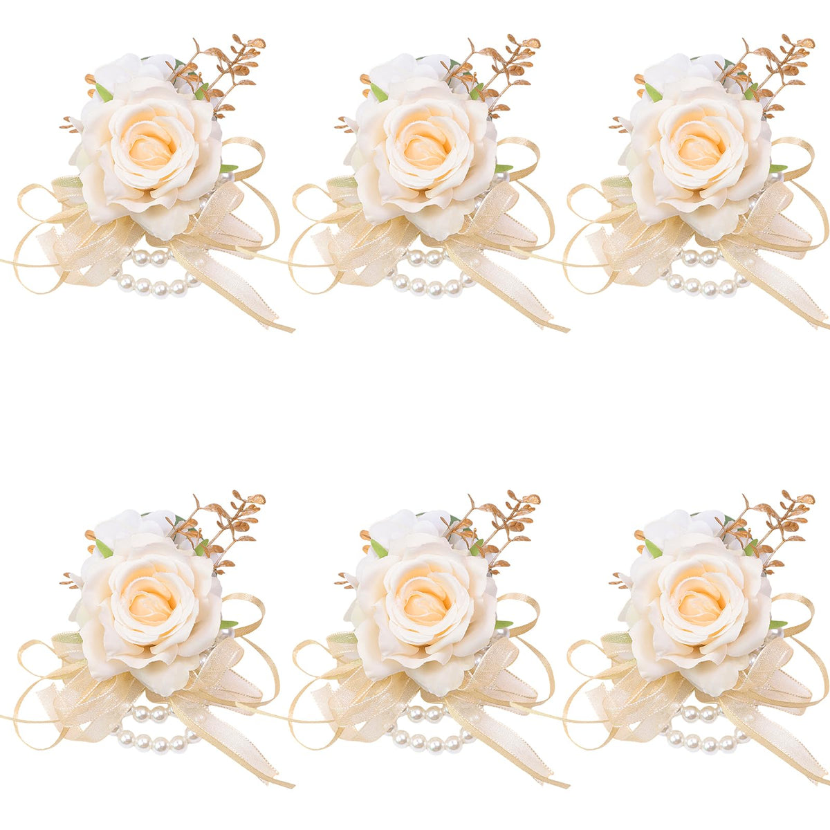 Women Champagne Faux Rose Wrist Corsages Set 6Pcs for Wedding Prom
