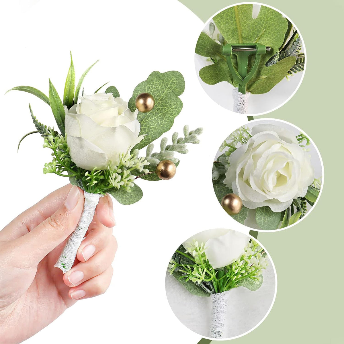2pcs Boutonniere for Men Wedding, Groom Groomsman Artificial White Rose Flowers with pins for Wedding Anniversary Celebration,Prom,Party,Home Decoration.