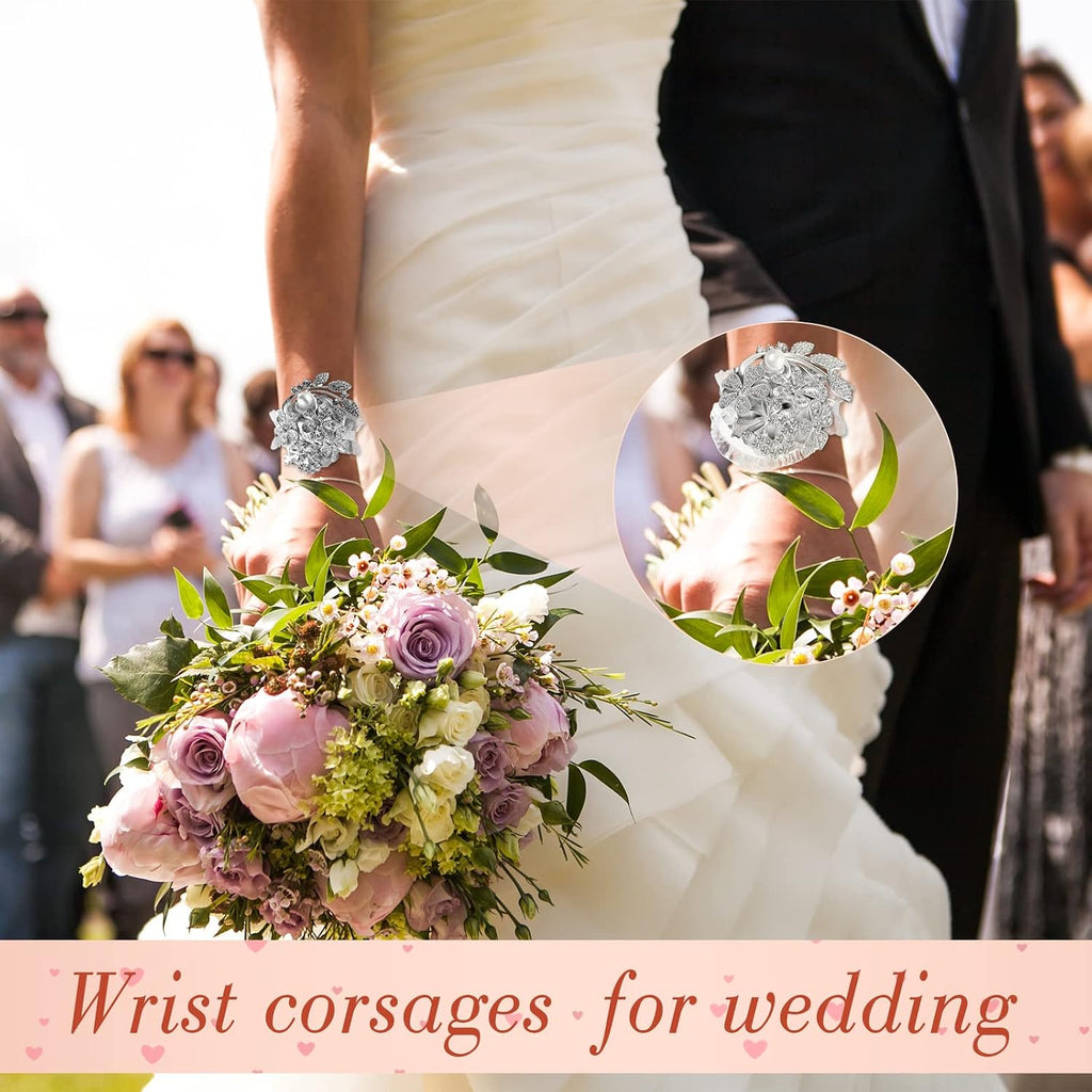 MTLEE 2 Pieces Rhinestone Wrist Corsage Wedding Corsage Wristlet Bracelet Silk Wrist Flower with Peal and Diamond for Wedding Bridesmaid Bridal Shower Prom Party