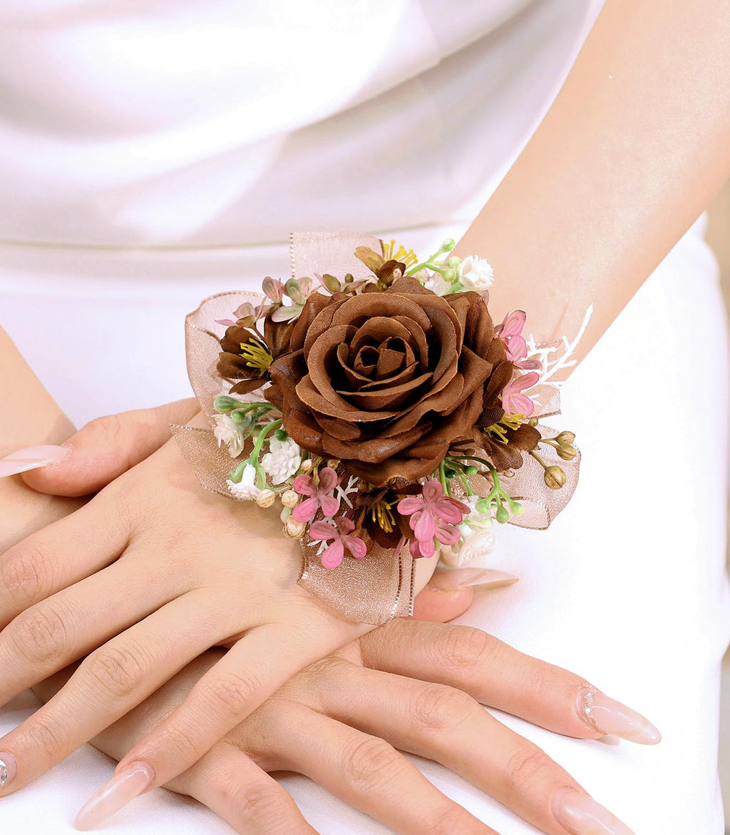 Bethynas Bridal Prom Rose Wrist Corsage Artificial Flower Pearl Wristlet Bridesmaid Hand Flower Bracelet Wristband for Wedding Ceremony Party (Pearl Flower - White)